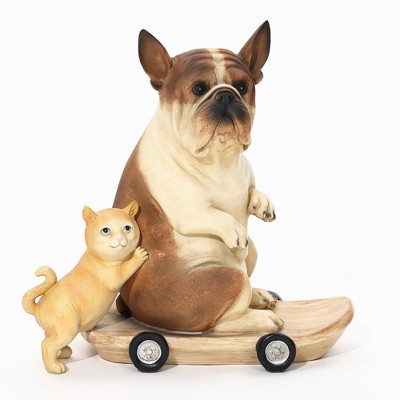 LuxenHome 16.3" LuxenHome Kitten and Dog with Skateboard Sculpture Resin Statue, Indoor and Outdoor Brown
