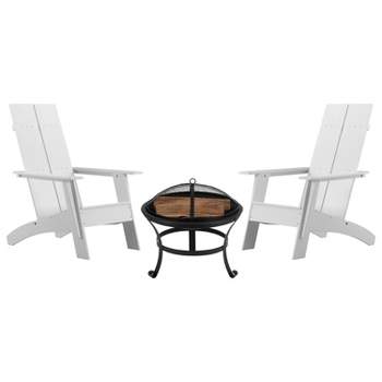 Emma and Oliver Set of 2 Modern All-Weather Poly Resin Adirondack Rocking Chairs with a Wood Burning Fire Pit for Outdoor Use