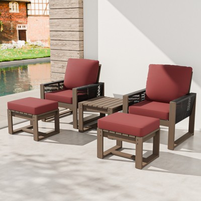 EAGLE PEAK 5 Pieces Natural Cedar Wood Bistro Set, Outdoor Patio Furniture, Small Balcony Conversation Set with Ottomans and Coffee Table