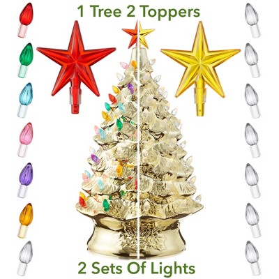 Gold Hand Painted Ceramic Christmas Tree with Multi Color Lights