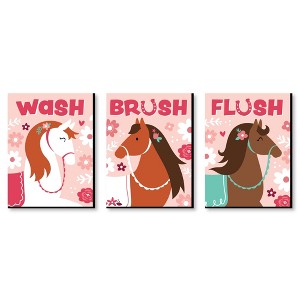 Big Dot of Happiness Run Wild Horses - Pony Kids Bathroom Rules Wall Art - 7.5 x 10 inches - Set of 3 Signs - Wash, Brush, Flush - 1 of 4