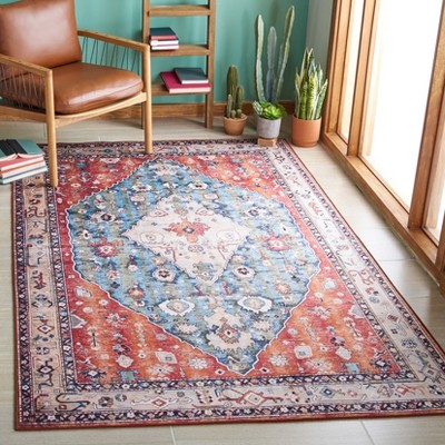 Beige and Blue Rectangular Synthetic Washable Area Rug