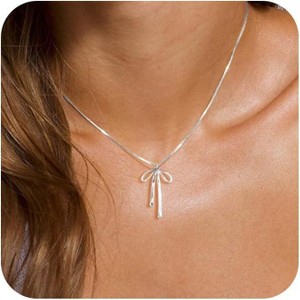 Gold Bow Pendant Necklace for Women, 14K Gold Plated CZ Bead Choker Christmas Gift - 1 of 4