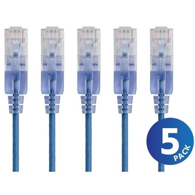 Monoprice Cat6A Ethernet Network Patch Cable - 20 Feet - Blue | 5-Pack, 10G - SlimRun Series