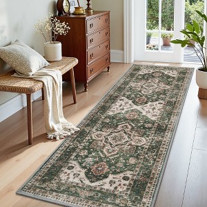 MontVoo Vintage Floral Washable Area Rug Green - 1 of 4