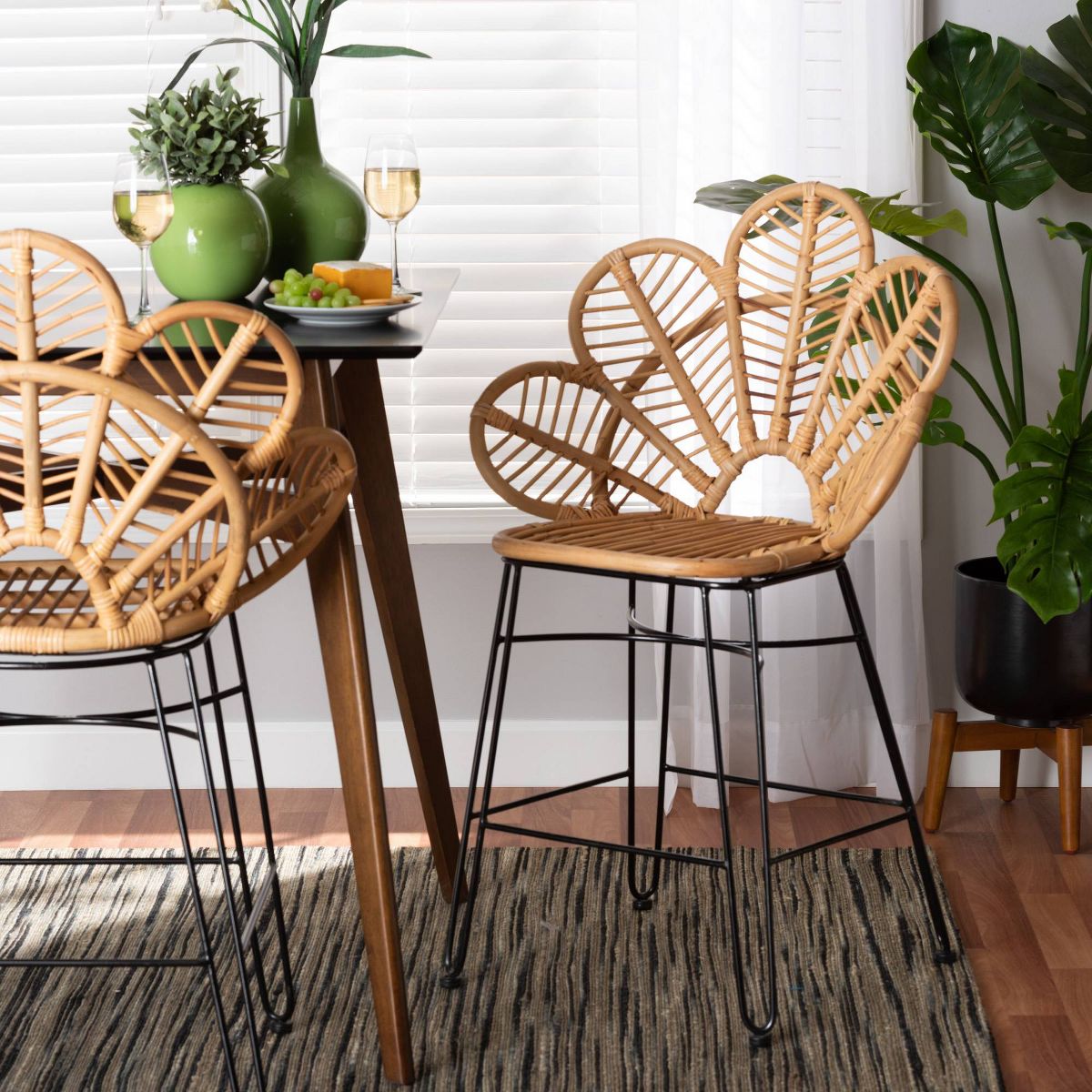 Garan Rattan and Metal Counter Height Barstool Natural/Black - bali & pari: Bohemian Style, 24.5" Seat Height - thumbnail 2