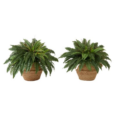 Nearly Natural 23-in Artificial Boston Fern Plant with Handmade Jute & Cotton Basket with Handles DIY KIT (Set of 2)