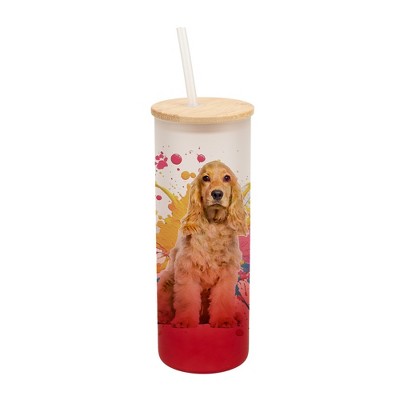 100 North 25 Ounce Frosted Glass Gradient Travel Tumbler With Straw & Wooden Lid, Cocker Spaniel Dog Paint Splatter Red