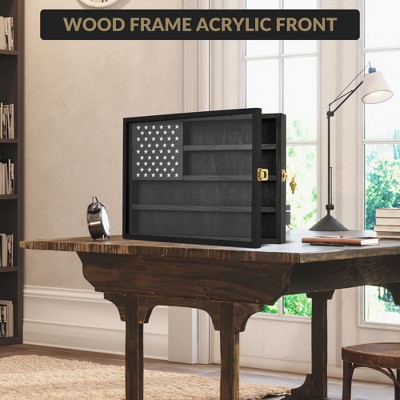 Coin Display Case 15.7 x 11.8 in, 4-Row Wooden Challenge Coin Holder Display with Double-Groove Shelves,for Military Medals, Collectibles