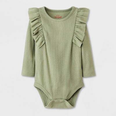 Baby Girls' Ribbed Ruffle Bodysuit - Cat & Jack™ Olive Green 0-3M
