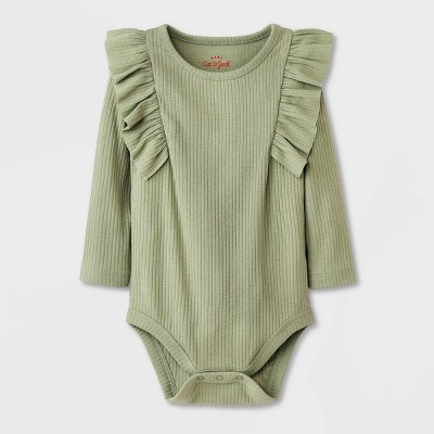 Image of Baby Girls' Ribbed Ruffle Bodysuit - Cat & Jack™ Olive Green 12M