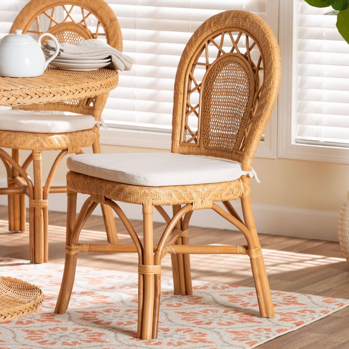 bali & pari Adam Natural Rattan Dining Chair with Curved Backrest and Removable Cushion Light Honey - thumbnail 6