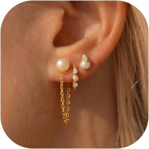 Gold Earrings for Women, 14k Gold Plated Dangle Huggie Earrings for Women Trendy Dainty Gold Hoop Earring Stacks Pearl Chain Drop Cartilage - 1 of 4