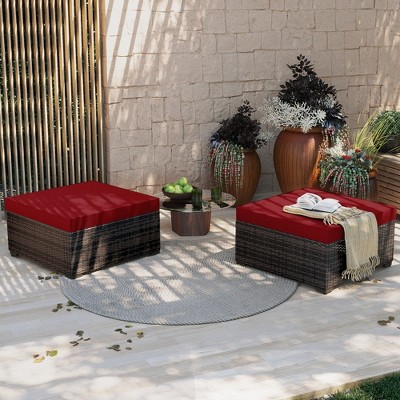UPHA 2-Piece Rattan Ottoman Set with Red Cushions, Brown Wicker Frame