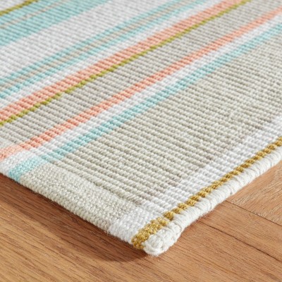 Sky Blue and Beige Handwoven Cotton Stripe Rug, 5' x 8'