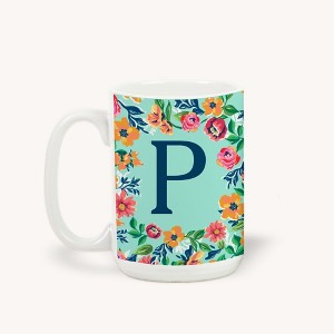 Personalization Mall Flowery Initial Coffee Mug, 15 Oz., Blue Aqua - 1 of 1