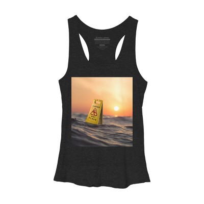 Women's Design By Humans Caution Wet Floor Floating In Ocean By Bomdesignz Racerback Tank Top