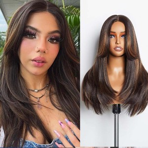 Jessie's Wig 4x4 Straight Layered Cut Synthetic Wigs for Woman Brown Highlight Color 24 Inch - 1 of 4
