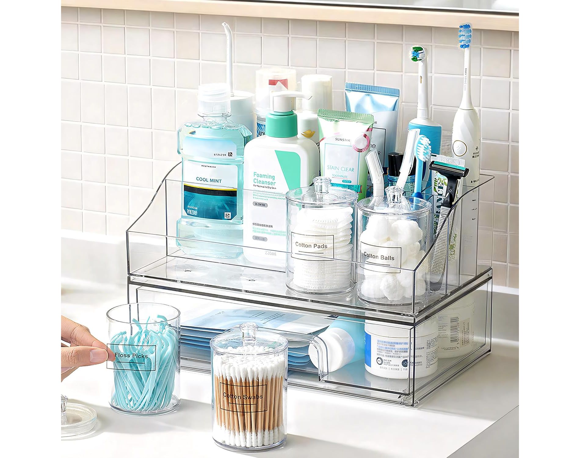 Vtopmart 6 PCS Bathroom Countertop Organizer Sets | 1 Divided Tray, 4 Qtip Holder Jars, 1 Drawers