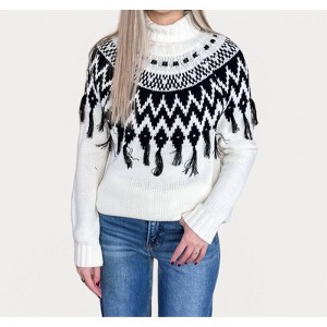 Women's Aztec Tassel Turtleneck Sweater - CEZELE - 1 of 3