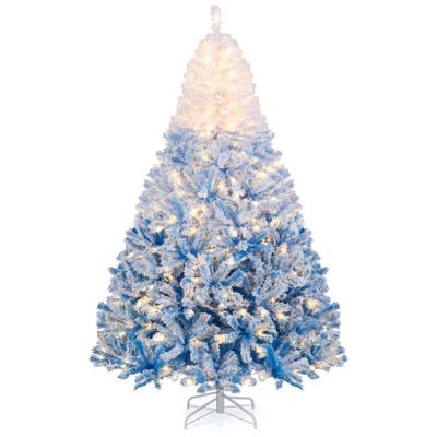 Costway 7 FT Artificial Christmas Tree with 350 Warm White LED Lights, 8 Lighting Modes & Folding Metal Stand White & Blue