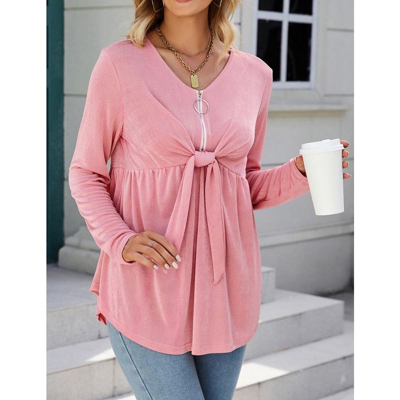 Women's V Neck Blouse Half Zip up Casual Tunic Shirts Babydoll Chest Tie Knot Shirts Ruched Flowy Hem Tunic Tops, 4 of 7