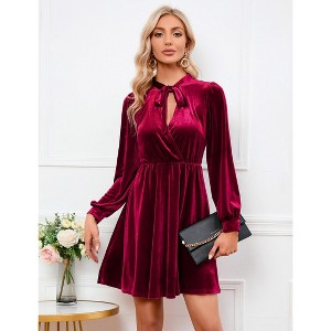 Womens Velvet Bow Tie Neck Long Sleeve High Waist Casual Loose Swing Ruffle A-line Mini Dresses - 1 of 4