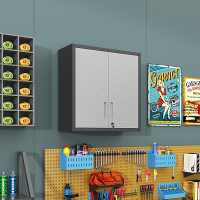 31.50"Metal Wall-Mounted Tool Storage Cabinet with 2 Locking Door 1 adjustable Shelf 1 Opened Drawer for Garage Warehouse,Office,Black