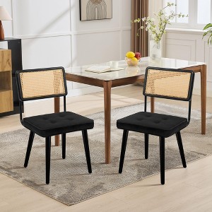 Mid Century Modern Dining Chairs with Natural Handwoven Rattan Cane Back and Upholstered Velvet Green Fabric, Featuring Sturdy Wooden Legs - 1 of 4