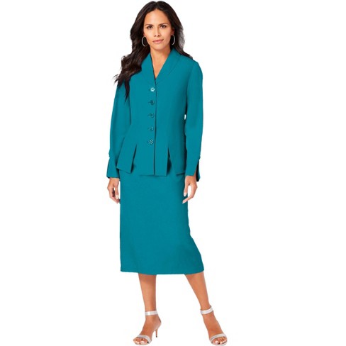 Roaman's Women's Plus Size Two-piece Skirt Suit With Shawl-collar Jacket -  36 W, Blue : Target