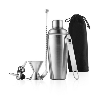 OSTO Stainless Steel Bar Set; 26 Oz. Shaker Plus Strainer Cover, Dual Jigger, Pourers, Spoon, Bottle Opener, and Recipe Book; 7-Piece