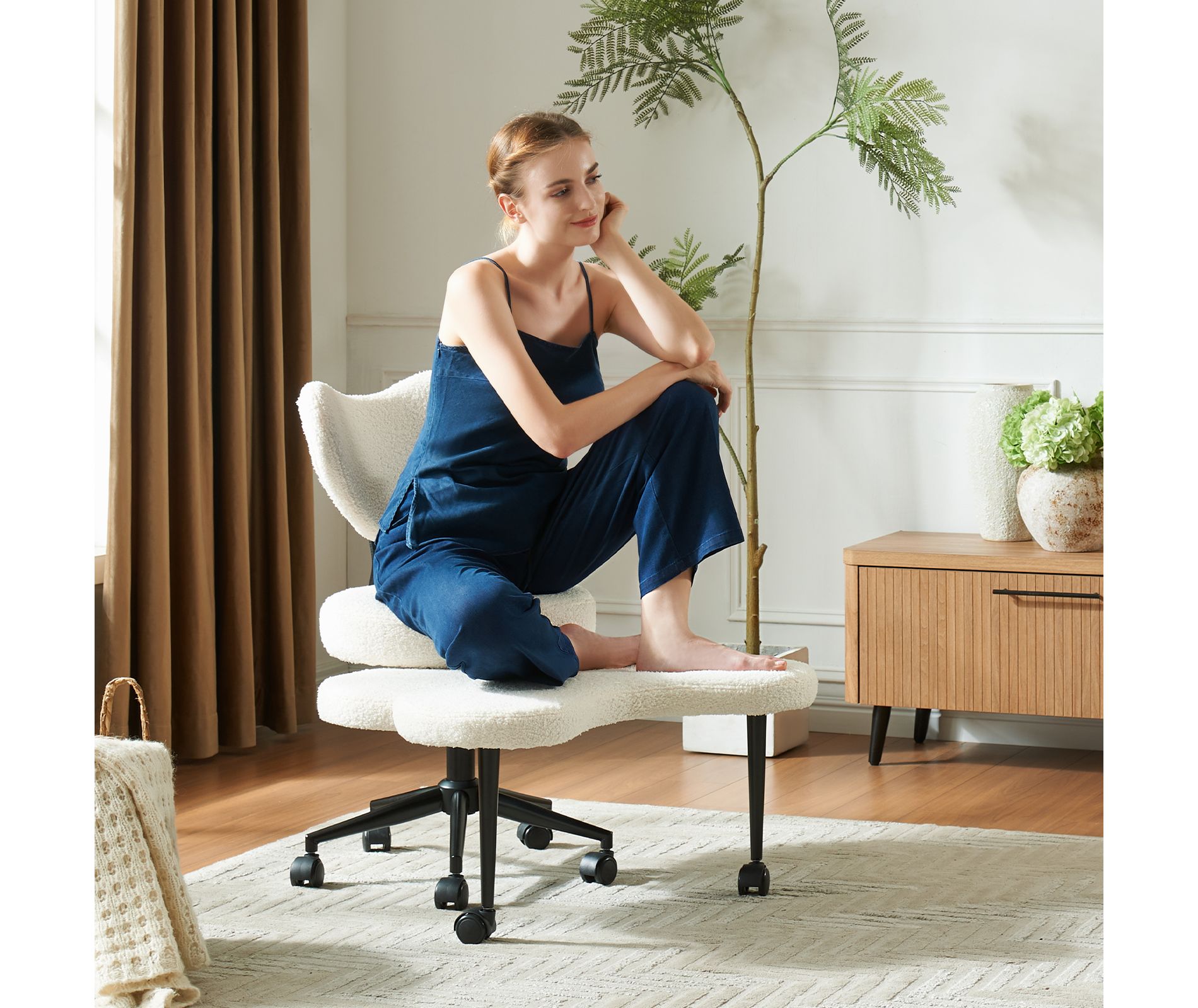 Pinmoco Ergonomic Cross-Legged Office Chair Adjustable Height Meditation Chair with Back Support and 360° Swivel, Office/Home Chair, Off White