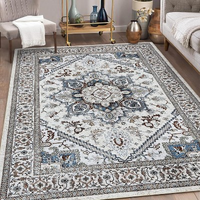 Vintage Medallion Rug - Washable non-slip oriental carpet with low-pile distressed design
