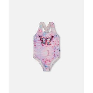 Deux par Deux Girl Printed One-Piece Swimsuit Pink Butterflies with Bubble Effects - 1 of 4