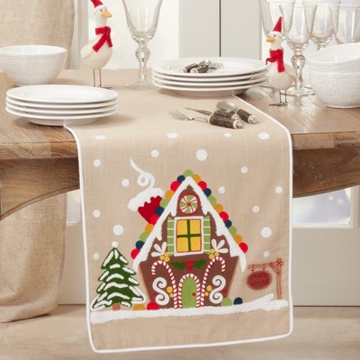 Beige Cotton Gingerbread House Christmas Table Runner