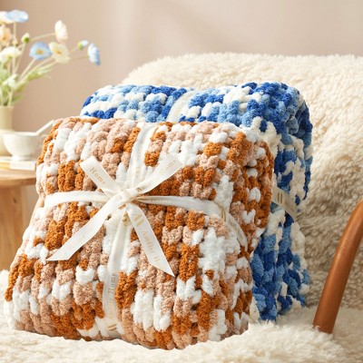 Handmade Chenille Throw Blankets Group of 2 Blankets, Chunky Knit Cable Knitted Crochet Blankets Collection-Amelie Home
