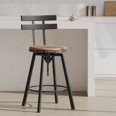 Adjustable Black Metal and Firwood Swivel Barstool