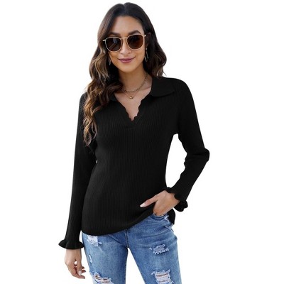 Womens Polo Sweaters V Neck Long Sleeve Collared Sweater Fall Lightweight Knit Pullover Jumper Tops Ruffle Casual Knitwear