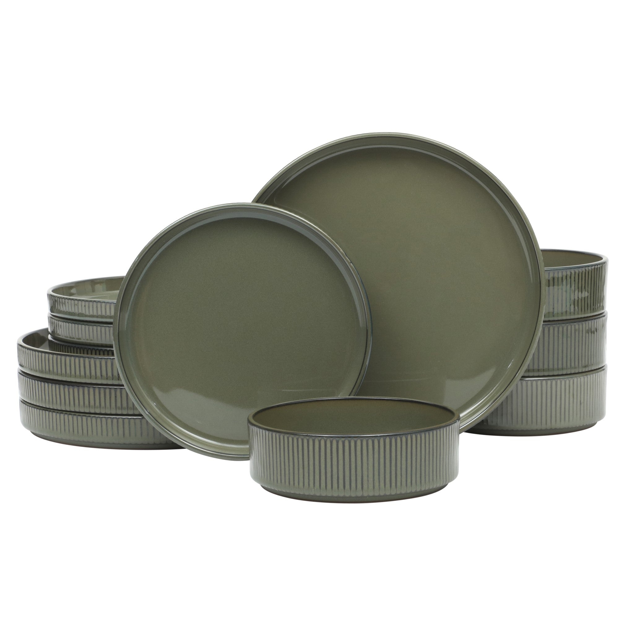 Gibson Elite Townscape 12 Piece (Service for 4) Plates and Bowls Reactive Glaze Embossed Round Dishes Terracotta Dinnerware Set Green