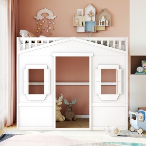 NicBex Full Size Loft Bed Classic House Shape Pine Bunk Bed Frame with Windows, Ladder and Full Length Guardrail, No Box Spring Required - 1 of 4