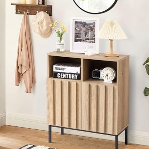 Oak Finish Wave Stripe Sideboard, Double Door Storage Cabinet with Wavy Design, Wood Texture Buffet Console for Living Room, Entryway - 1 of 4