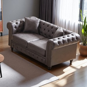 63.5" Tech Fabric Chesterfield 3-Seater Sofa with Button Tufted, Nail Trim & 2 Pillows - 1 of 4