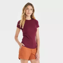 Women's Short Sleeve Slim Fit Ribbed T-Shirt - A New Day™ Burgundy XXL