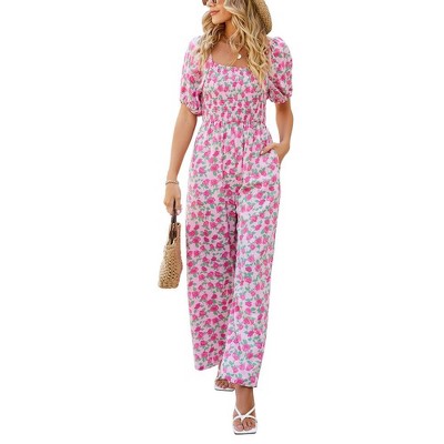 Whizmax Women's Summer Smocked Jumpsuits Casual Square Neck Short Sleeve High Waist Wide Leg Rompers with Pockets