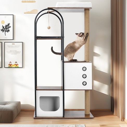 Modern Cat Tower Multi Level Cat Condo With 1 Caves 2 Scratching Posts Cat Tree With Five Tiers With Semi Enclosed Cabinets White Cuddlewood