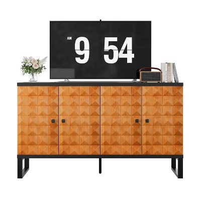 32 In. Retro Style Four Door Wooden Storage Cabinet, Multifunctional Decorative Cabinet With Geometric Patterns