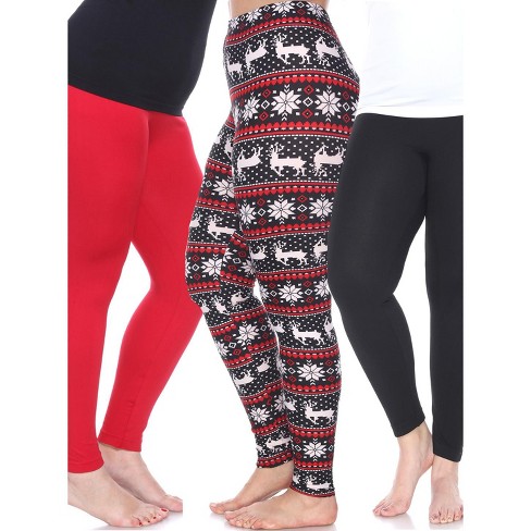 Women's Pack Of 3 Plus Size Leggings Black, Red, Black/red/white One Size  Fits Most Plus - White Mark : Target