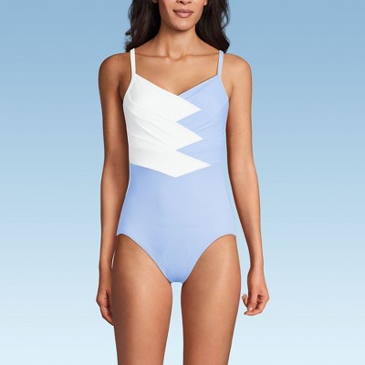 Lands' End Women's Slender Suit V-neck Pleated X-back One Piece Swimsuit Adjustable Straps