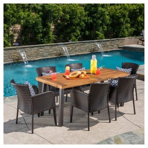 Denaya 7pc Rectangle All-Weather Wicker & Wood Patio Dining Set - Brown/Natural - Christopher Knight Home: Galvanized Steel Hardware - 1 of 4