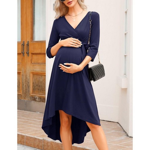 MISSKY Women s Maternity V Neck 3 4 Sleeve Wrap Dress Casual Hi Low Midi Tie Nursing Breastfeeding Dress with Belted Medium Navy Blue